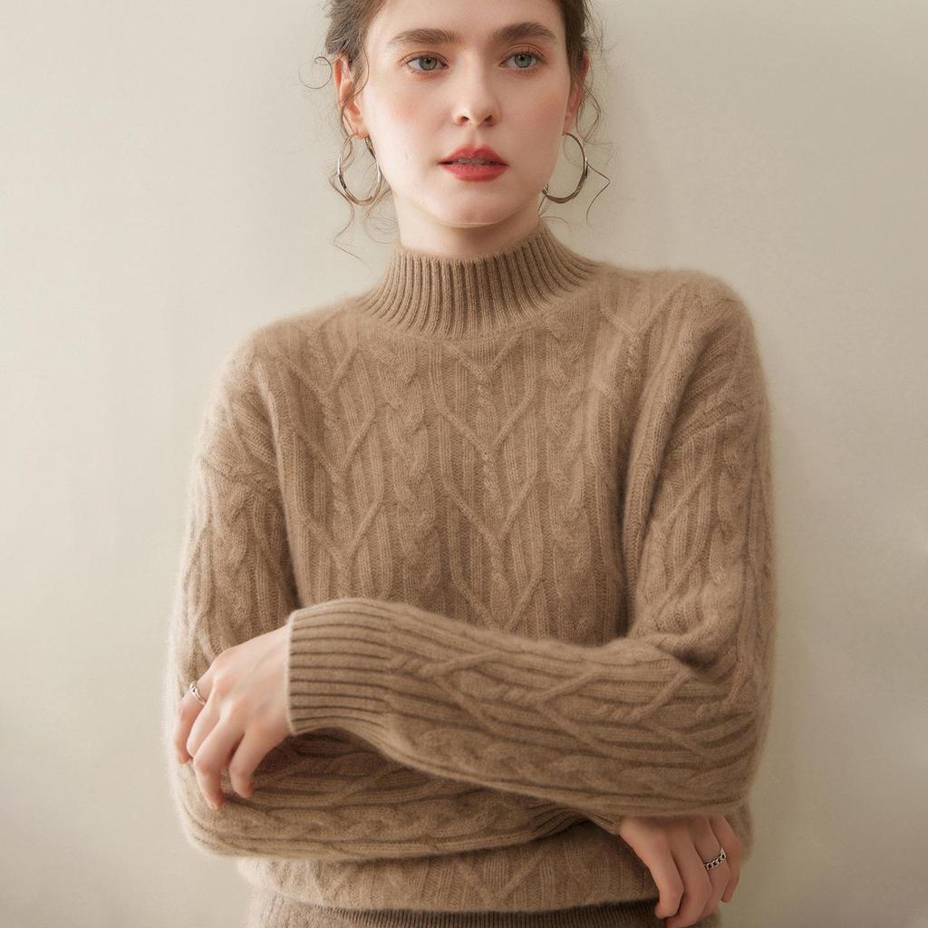 Women's Thickened Half-High Neck Cable Knit Cashmere Sweater - Soft, Versatile Autumn/Winter Pullover