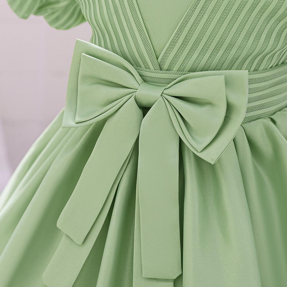 2025 Dívčí kojenecké princeznovské šaty k prvním narozeninám - Saténové s nabíranými rukávy a pruhovaným designem s mašlí