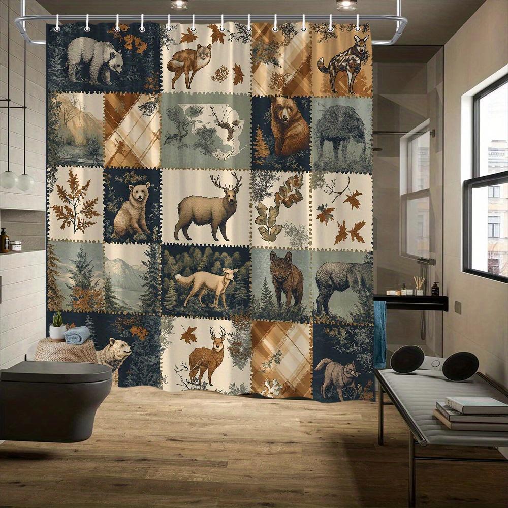 Vintage Animal Collage Shower Curtain - 4x4 Grid, Sepia-Toned Forest & Mountain Design, 70x70", 12 Rust-Proof Hooks, Polyester