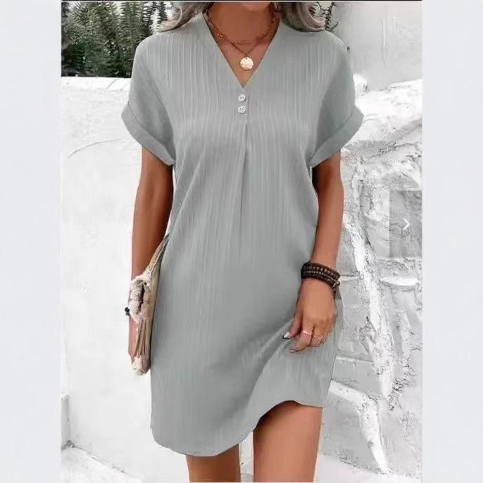 European & American Women's V-neck Solid Color Pullover Dress - 2023 Casual Fashion, Button Detail.
