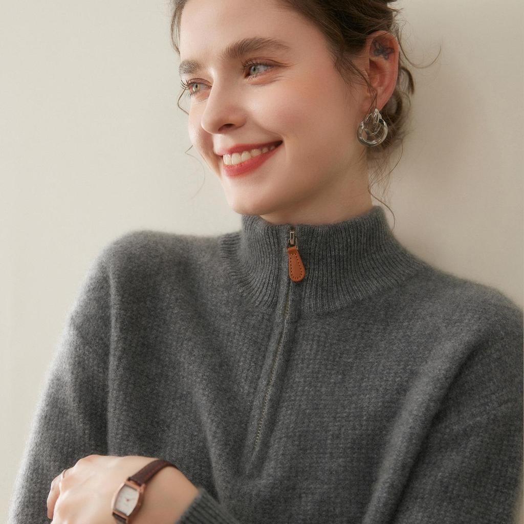 Thickened Stand Collar Half-Zip Cashmere Bobble Stitch Women's Pullover
