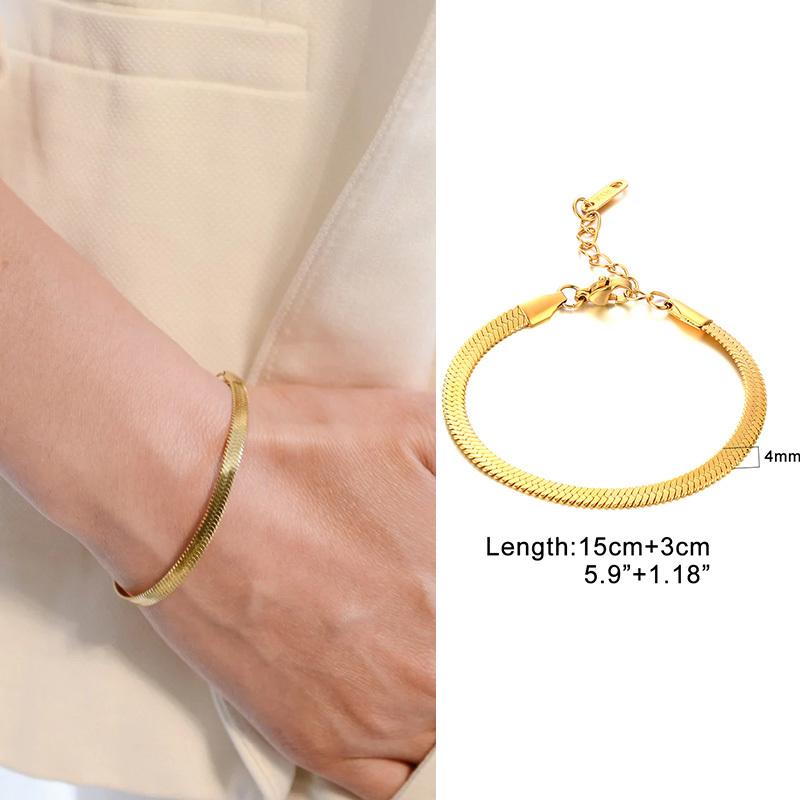 Gold Color Flat Snake Chain Bracelets for Women, Stainless Steel Herringbone Figaro Rope Italian Chain, Length Adjustable