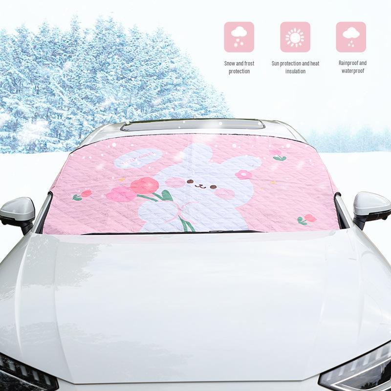 Blue Rain Cartoon Car Snow Shield: Frost & Anti-snow Windshield Protector with Tulip & Little Rabbit Design