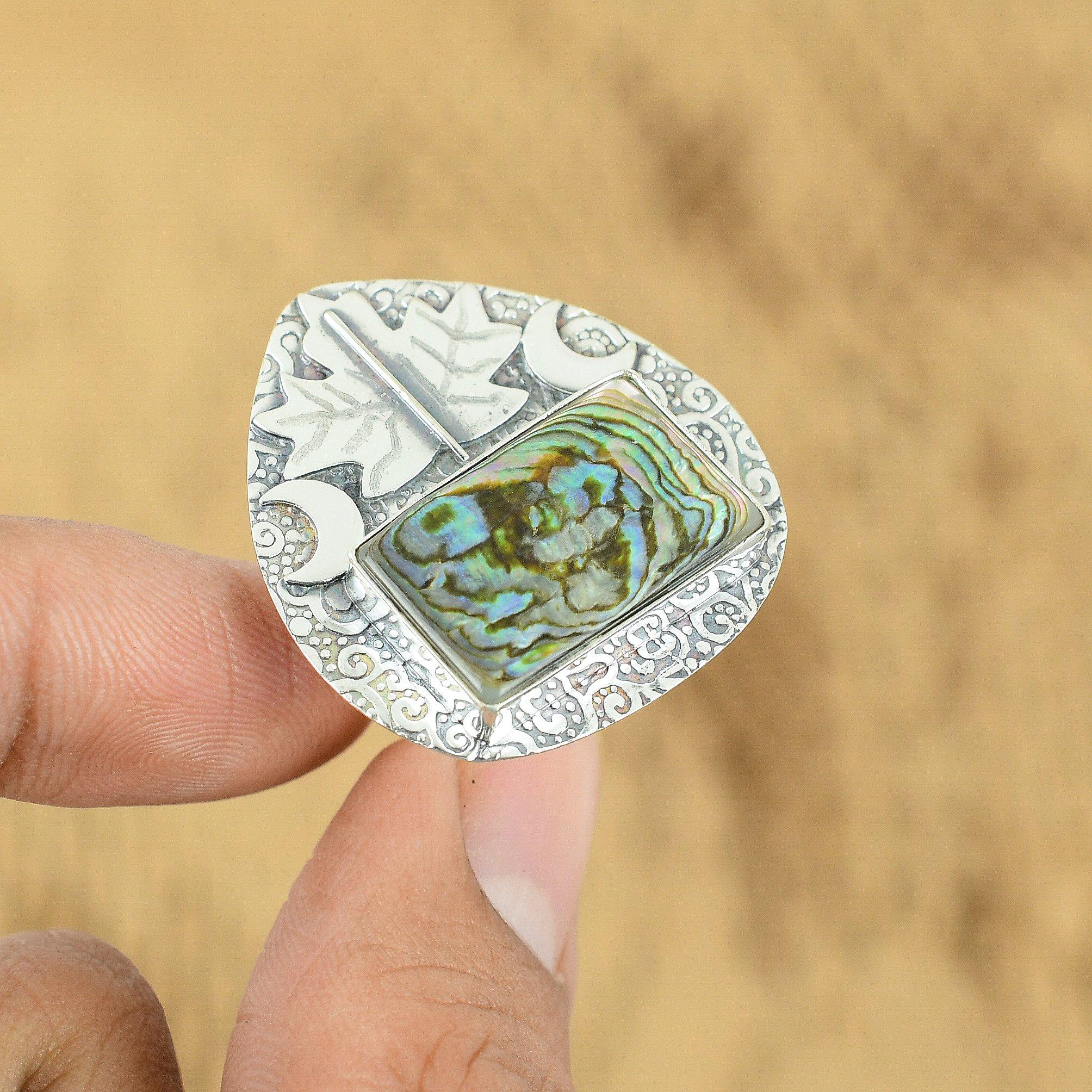 

925 Silver Radiant Abalone Shell Gemstone Engagement Cresent Moon Ring Jewelry Yes