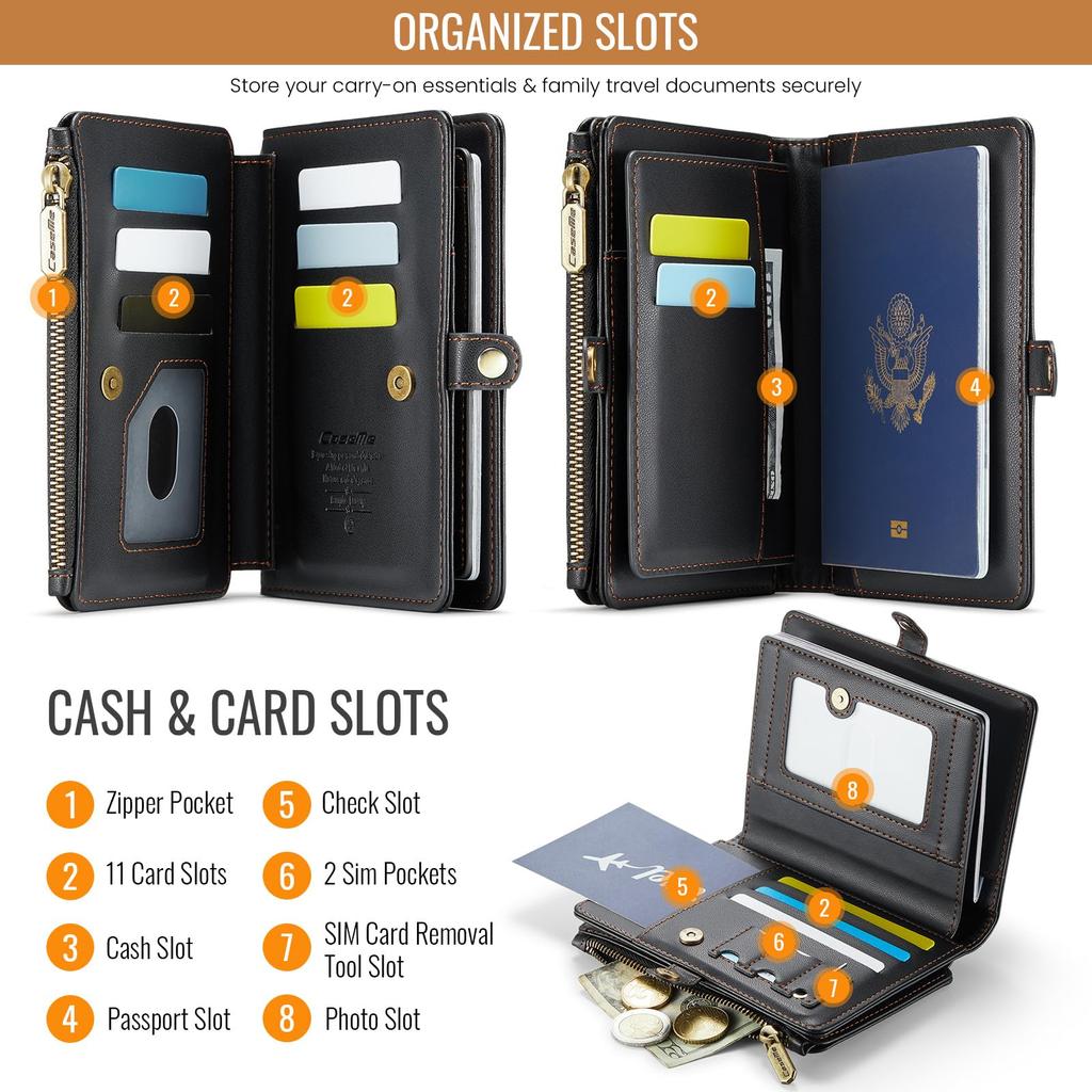 XIMAND Passport Holder Wallet Bag with 11 Card Passport Photo and RFID Blocking Wristlet Strap Black Slots, Pocket, Pocket, -