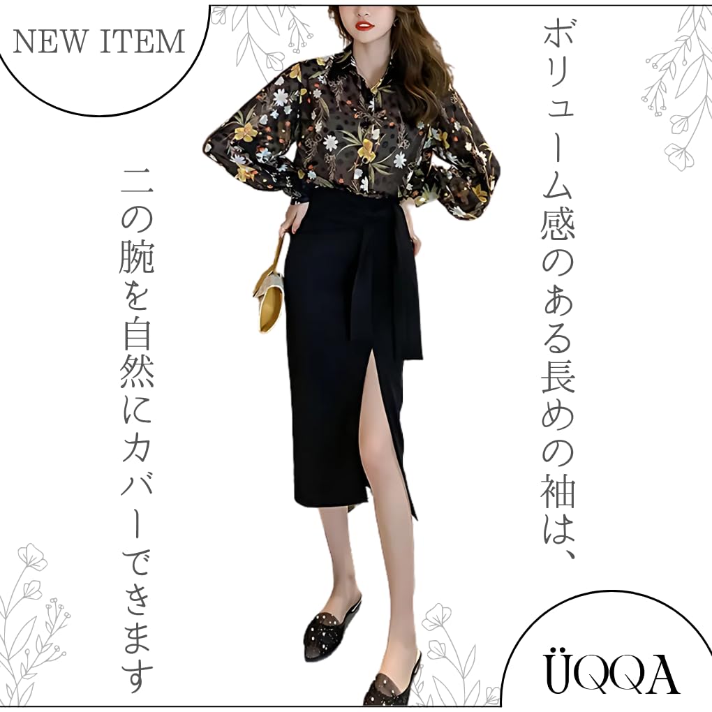 Blouse for Long Sheer Floral Collared Large M [UQQA] Women, Summer, Outerwear, Pretty, Sleeve, Shirt, Pattern, Dot, Top, Chiffon, Size, Spring,