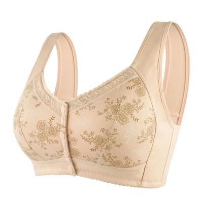 Fibbia frontale con coppa in morbido cotone stampato per biancheria intima per donne di mezza età e anziani senza anelli in acciaio Spalline larghe Canotta Reggiseno di grandi dimensioni