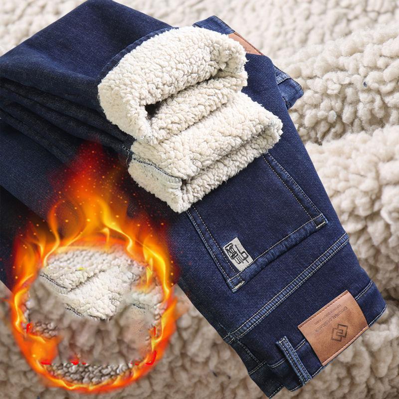 Winterjeans aus Lammwolle und Fleece mit dicker Isolierung, lockere, gerade geschnittene, lässige, elastische Business-Herrenhose