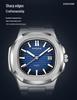 Jin Shidun Men's Luminous Quartz Skeleton Watch with Steel Band and Date Display.