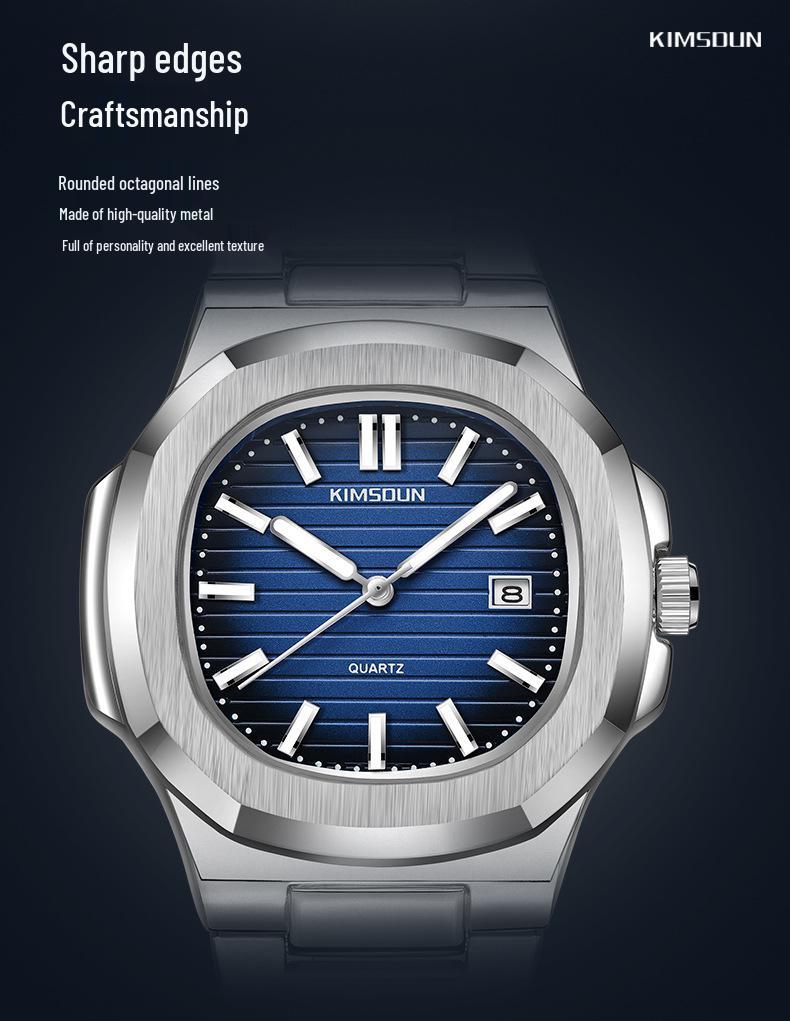 Jin Shidun Men's Luminous Quartz Skeleton Watch with Steel Band and Date Display.