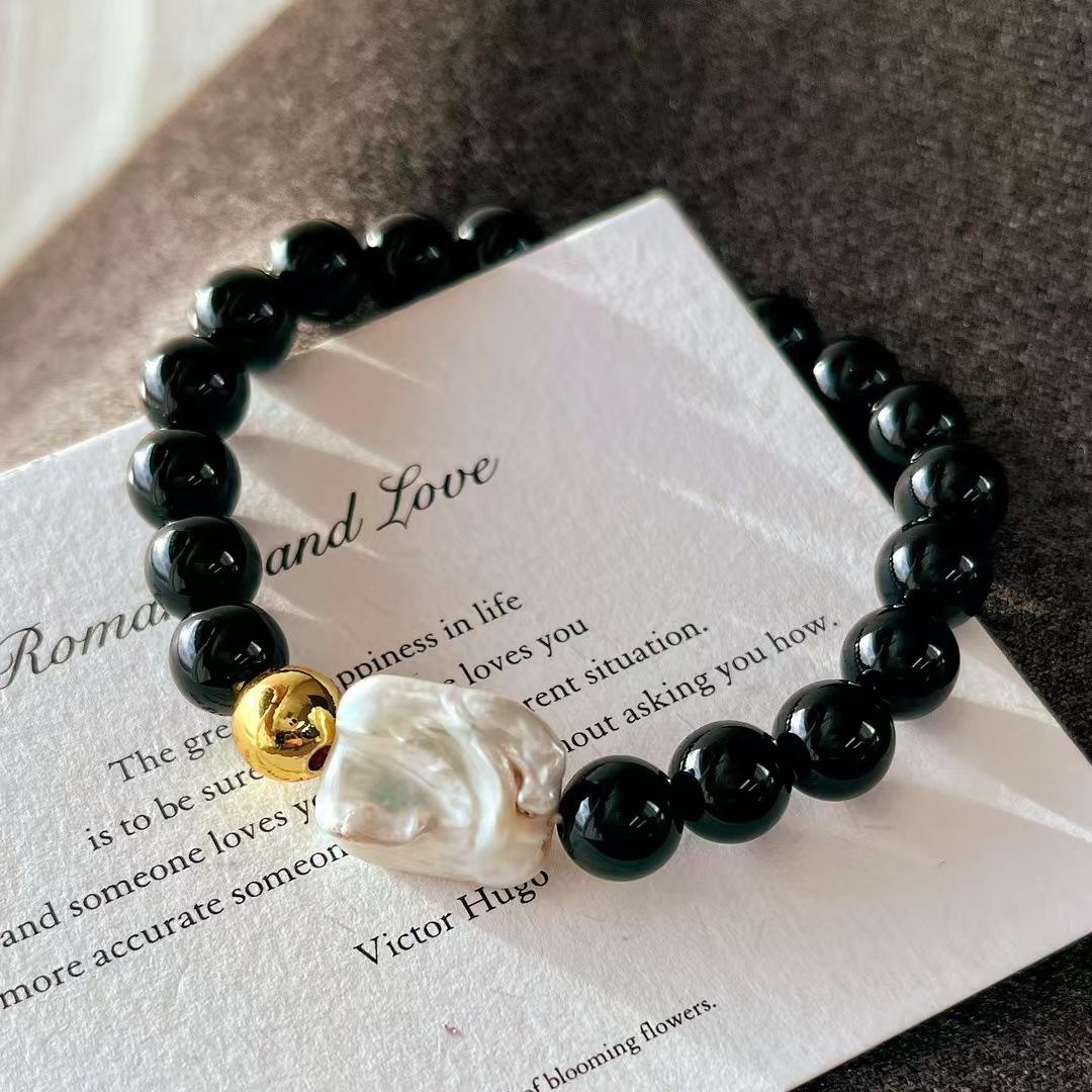 Vintage High Quality Natural Black Agate Freshwater Baroque Pearl Bracelet Bracelet