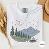 Minimal Moon and Pines Night Tee, Simple Camping Line Art Shirt, Starry Campfire Nature Tshirt, Camping Gift for Stargazers and Hikers