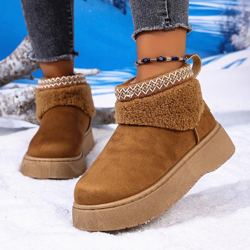 Cloth cover foot velvet short cotton shoes 2025 autumn new large size round head warm thick-soled snow boots women