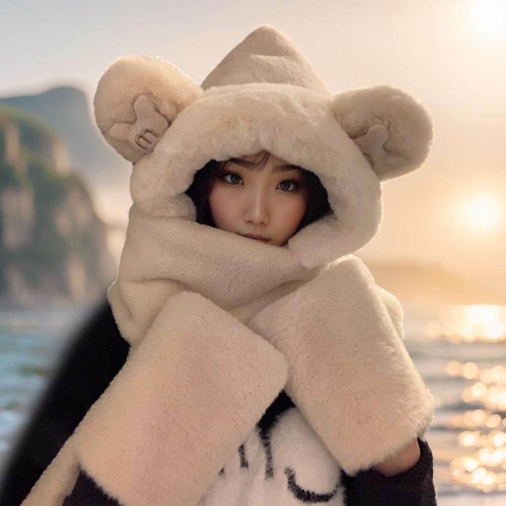 

Милый медвежий шарф, шапка, перчатки, набор из трех предметов, вязаная шапка, зима, новый стиль, студентка, универсальная, теплая, плюшевая шапка