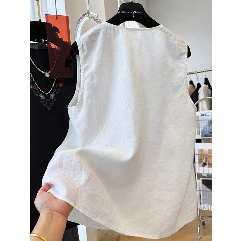 Women Linen Blend V Neck Sleeveless Tank Top With Floral Embroidery Casual Loose Fit