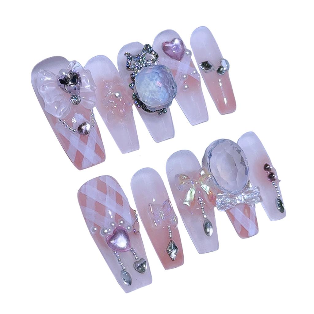 10Pcs Artificial Nails With Plaid Bowknot Pearl Heart Rhinestone Handmade Design For Women