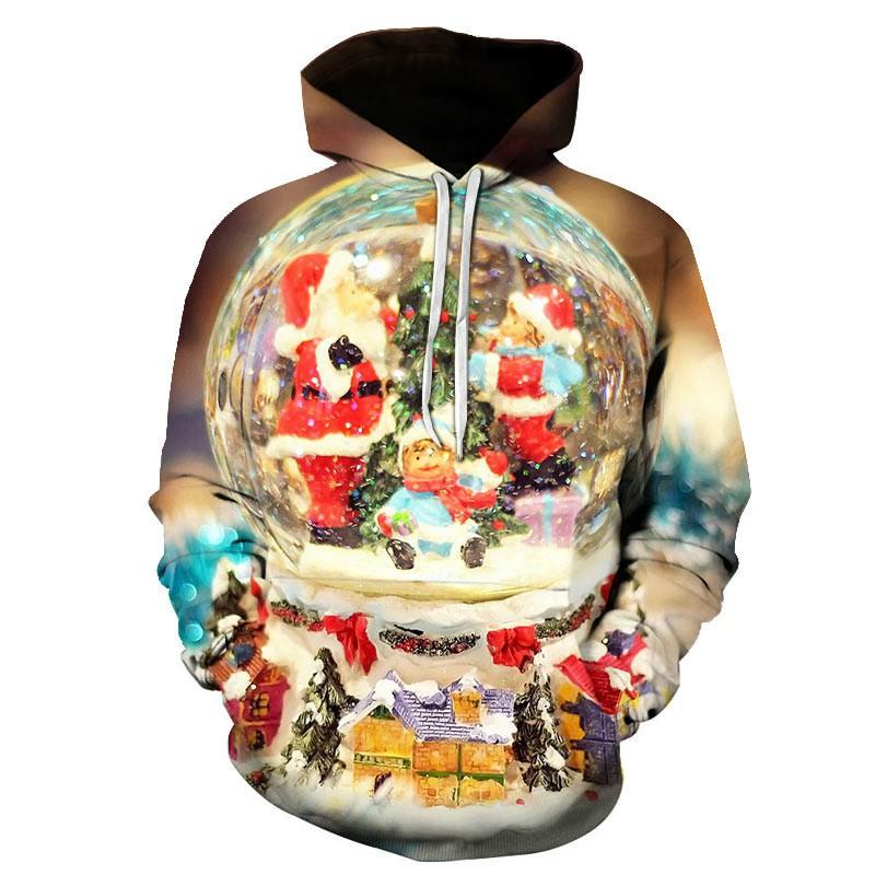 Mens 3D Christmas Print Hoodie Sweatshirt With Santa Reindeer Snowman Design Loose Fit Long Sleeve Pullover