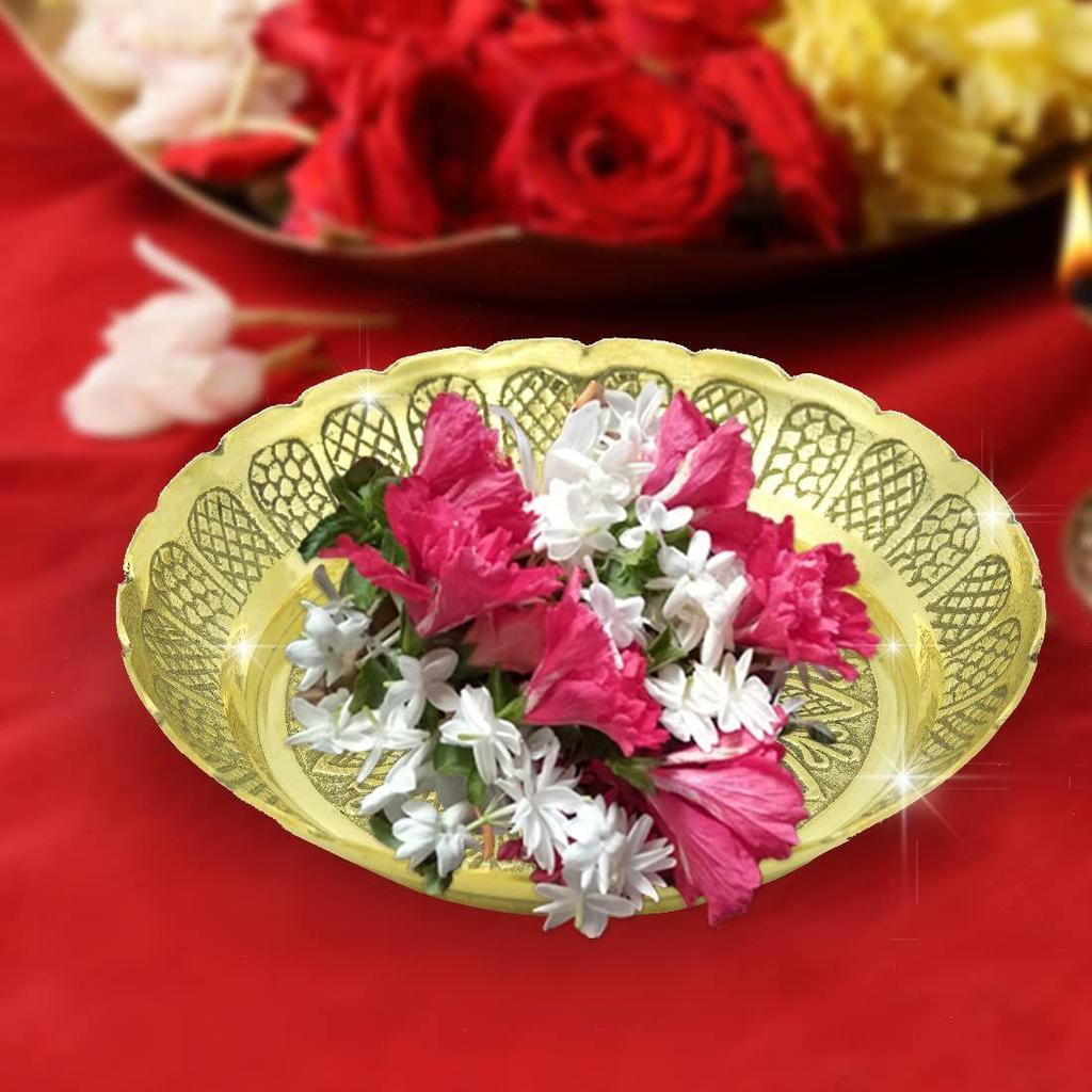 Handmade Brass Puja Thali with Floral Embossed Design | Bhog Plate for Pooja Mandir | Puja Essentials for Home Mandir – 4.41 Inch