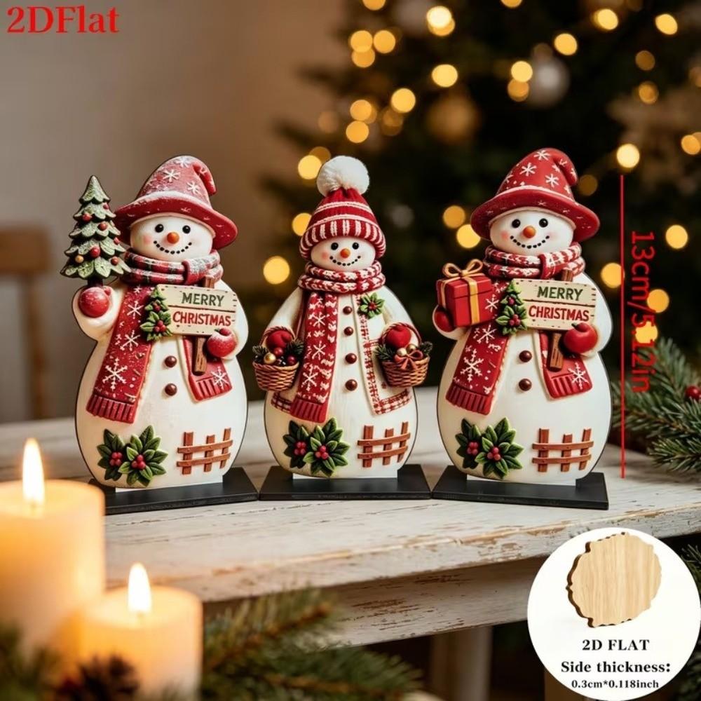 3Pcs 2D Flat Wooden Christmas Ornaments Vintage Thickened Christmas Figurines Stable Base Self Standing Holiday Tabletop Decor