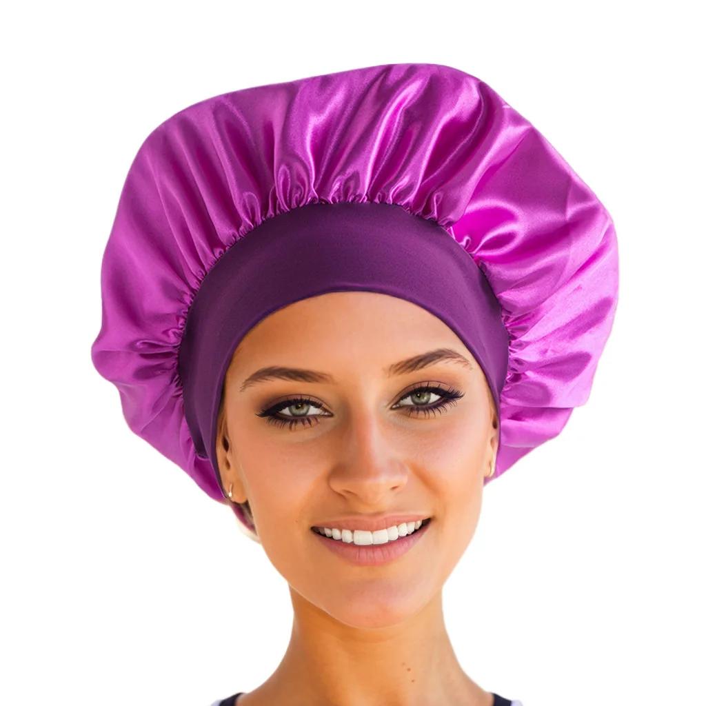 Women Night Sleep Hair Caps Silky Bonnet Satin Double Layer Adjust Head Cover Hat Shower Cap for Curly Hair Styling Accessories