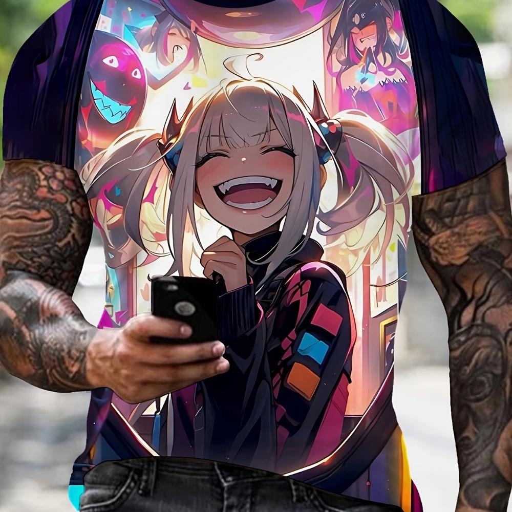 Men's Anime Print Shirt - Relaxed crew neck, short sleeves, machine washable - suitable for all seasons