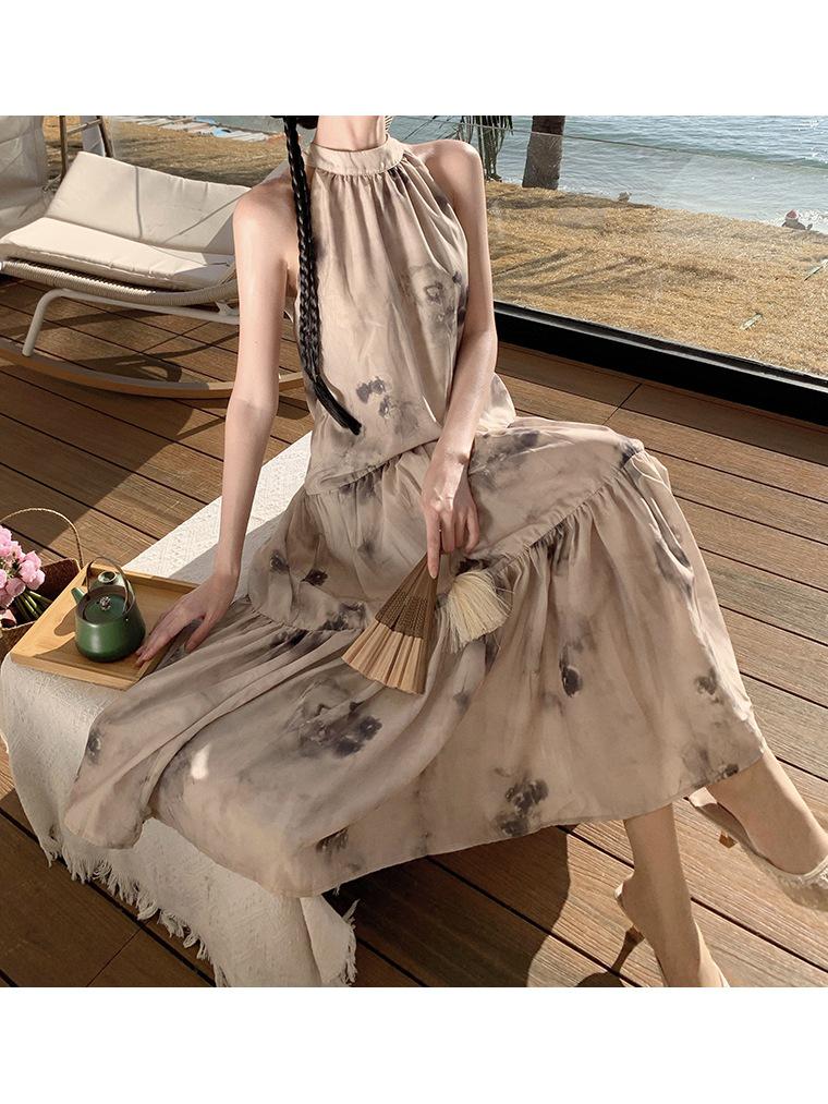 Apricot Women's Sleeveless Loose Summer Dress - New Chinese National Style