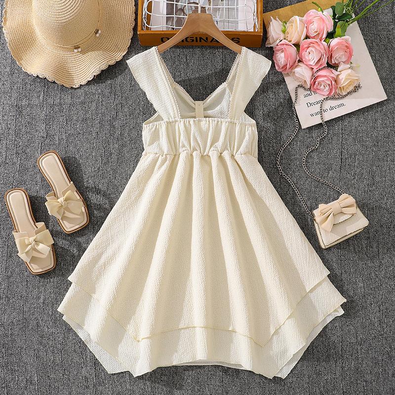 Modisches Mädchenkleid für Frühling und Sommer, Elegantes Neckholder-Spitzenbesatz-Kleid mit unregelmäßigem Saum für Kinder