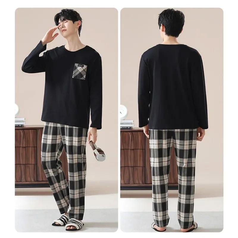 High Quality Cotton Fabric Pajamas Men Spring and Summer Long Sleeve Trousers Student Casual Sleepwear Loungewear