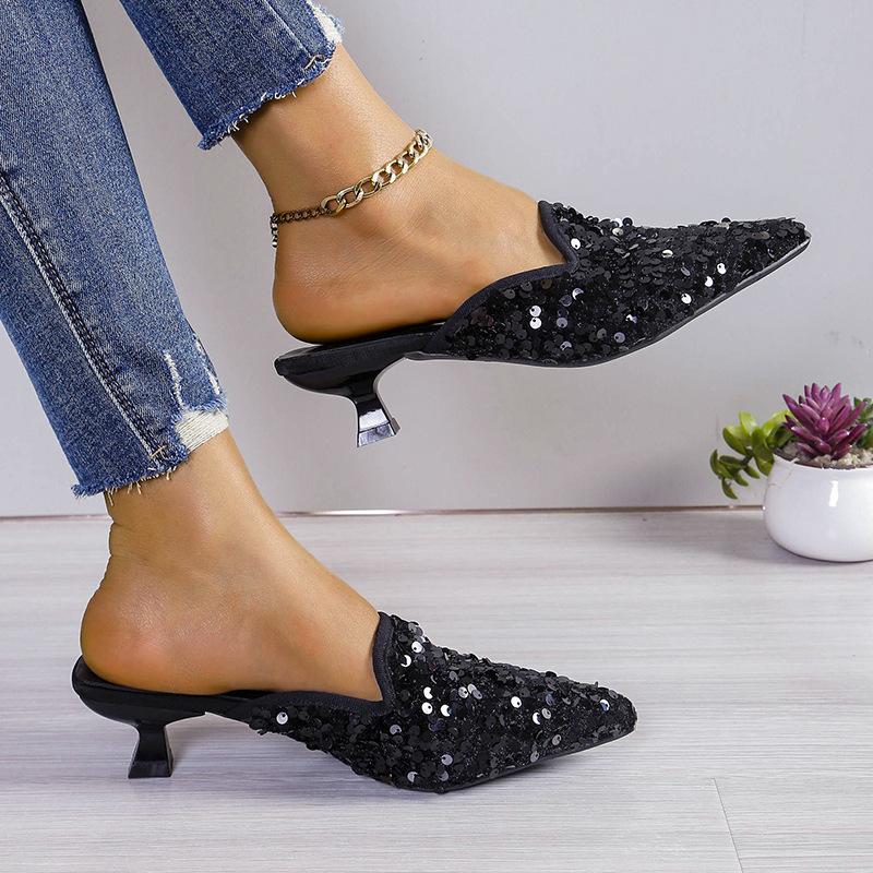 Fashion Slippers Women Fashion Women's Mules New Sexy Party Shallow Slipper Ladies Pointed Toe Bling Shoes Female Heeled Summer Footwear