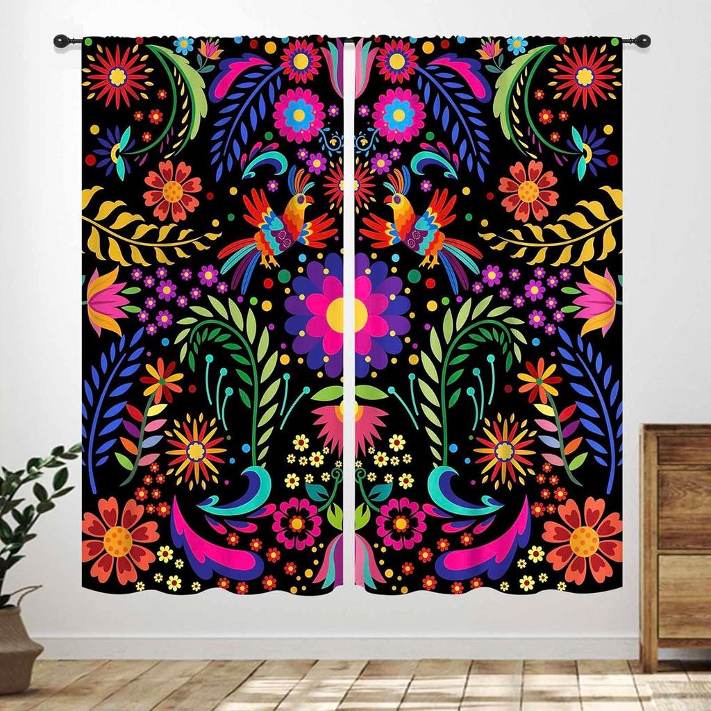 Mexican Flowers Curtains,Traditional Mexico Style Colorful Floral Cinco De Mayo Dia De Los Muertos Boho Botany Rustic Style