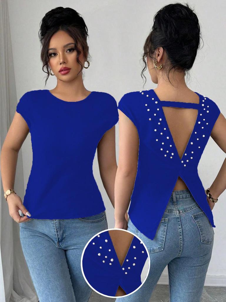 European-American Fashion Women's Solid Color Slim Fit Round Neck Short Sleeve Bodycon T-shirt