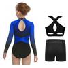 Girls Sparkly Rhinestones Color Block Leotard Long Sleeve Keyhole Back Design Cross Back Vest Shorts Skating Outfit