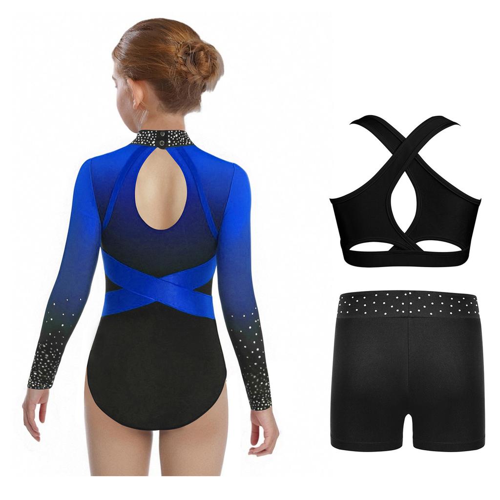 Girls Sparkly Rhinestones Color Block Leotard Long Sleeve Keyhole Back Design Cross Back Vest Shorts Skating Outfit