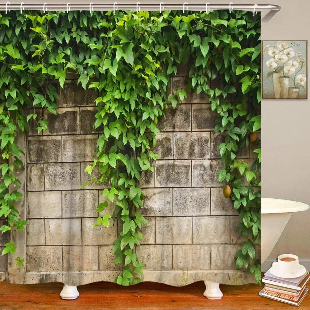 Nature-Inspired Shower Curtain for a Rustic Bathroom, Featuring Lush Green Vines on a Stone Wall. This Vibrant Design Adds