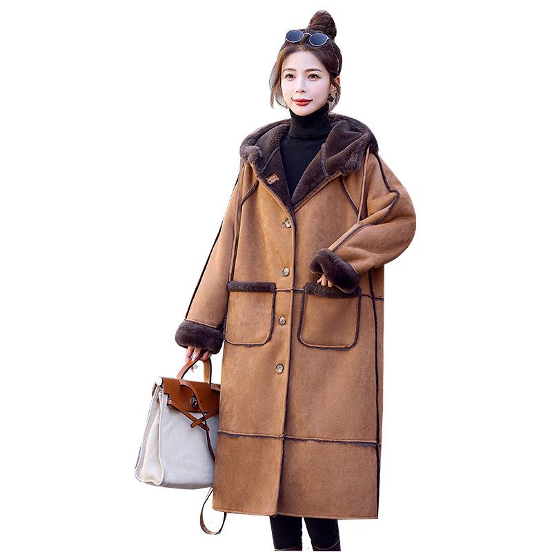Women's Luxury Suede Lambswool Hooded Coat - Winter 2024 Thickened Cotton Jacket