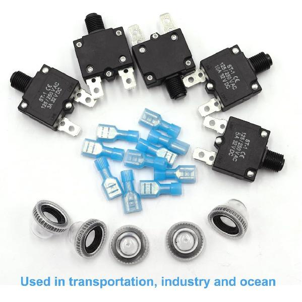 Mxuteuk 5Pcs 3,5,10,15,20Amp Circuit Breakers Push Button Manual Reset 125/250V AC 32V DC,Overload Protector Switch Thermal Circuit Breakers With