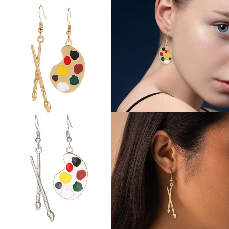 Artist Palette and Paintbrush Drop Earrings for Women, Polished Alloy French Hook Jewelry for Commute Styling