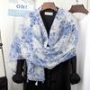 Ethnic Style Blue and White Porcelain Cotton and Linen Scarf, Women's Artistic Shawl, Travel Sunscreen Scarf, Office Shawl