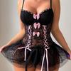 Women’s Sexy Underwire Push-Up Sheer Mesh Bodysuit, European and American Style Erotic One-Piece Lingerie with Bow