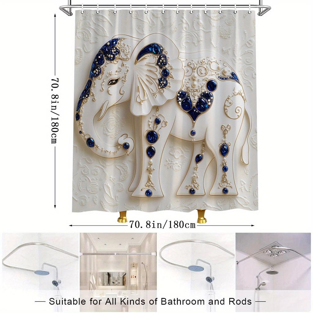 Ornate Elephant Shower Curtain, Golden & Blue Patterns On White Polyester,12 Hooks, Baroque Victorian Bath Decor