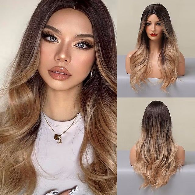Lady s Wigs - Brown and Golden Mixed Color, Parted Long Curly Hair Wigs K230