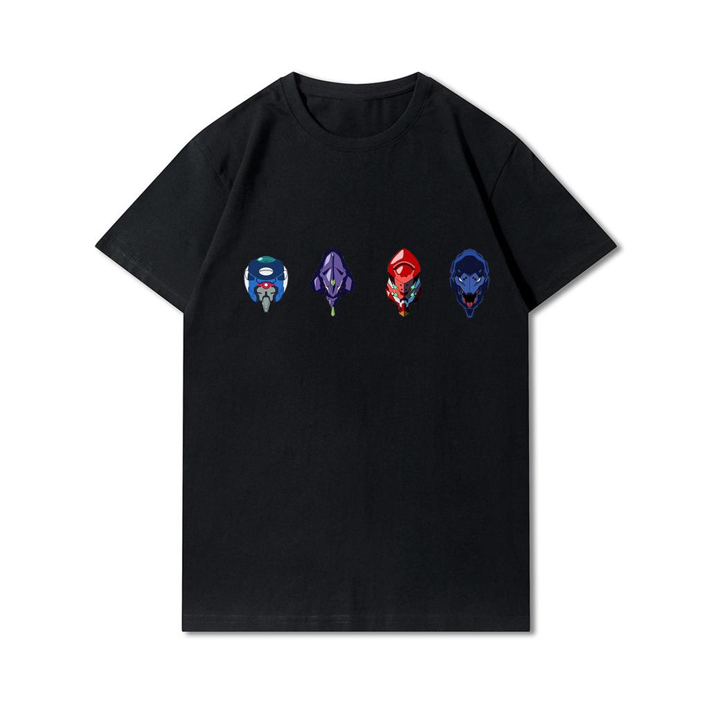 Plus Size Anime Evangelion Printed Unisex T Shirts Round Neck Cotton Tops Summer Casual Black Tees