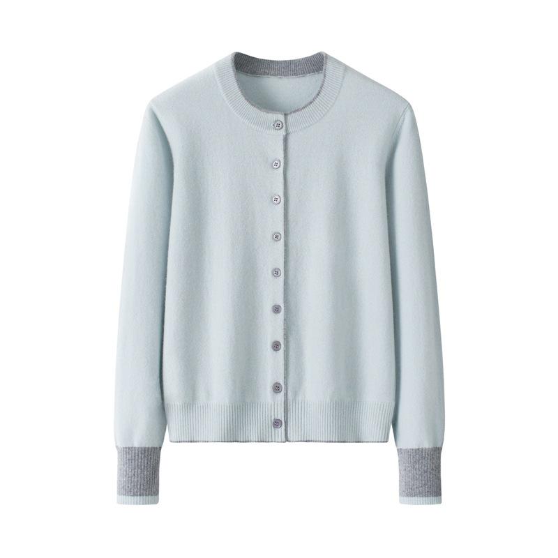 Women's Pure Cashmere Color Block Knit Cardigan - Button-Up, Round Neck, Versatile for Autumn and Winter.