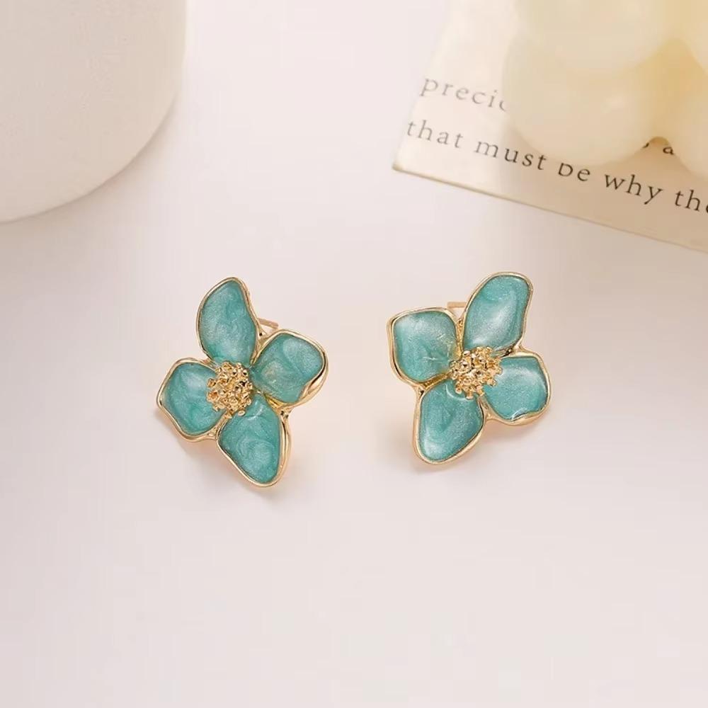 SUMENG New Blue Red Enamel Stud Earrings Fashion Five-Petals Crystal Cute Girls Ear Decor for Women Jewelry Accessories Gifts