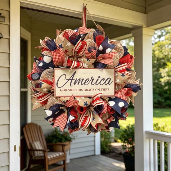 Patriotic Wreath for Front Door Handmade 4th of July Door Hanger Red White Blue American Wooden Hanging Plaque for Wall Porch Memorial Day Decor