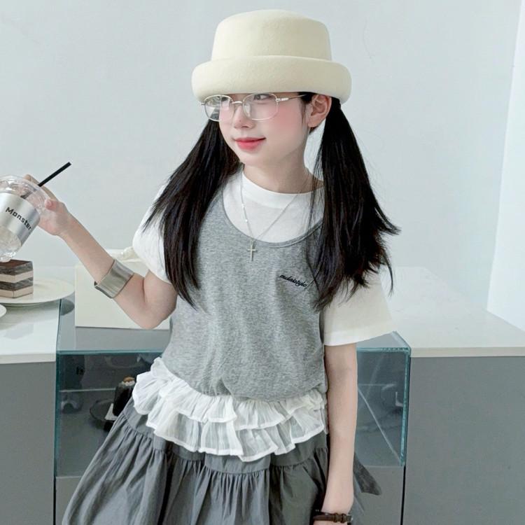 Trendy Korean Lace Patchwork T-shirt & Skirt Set for Girls - Medium/Large, Summer Style 120 cm