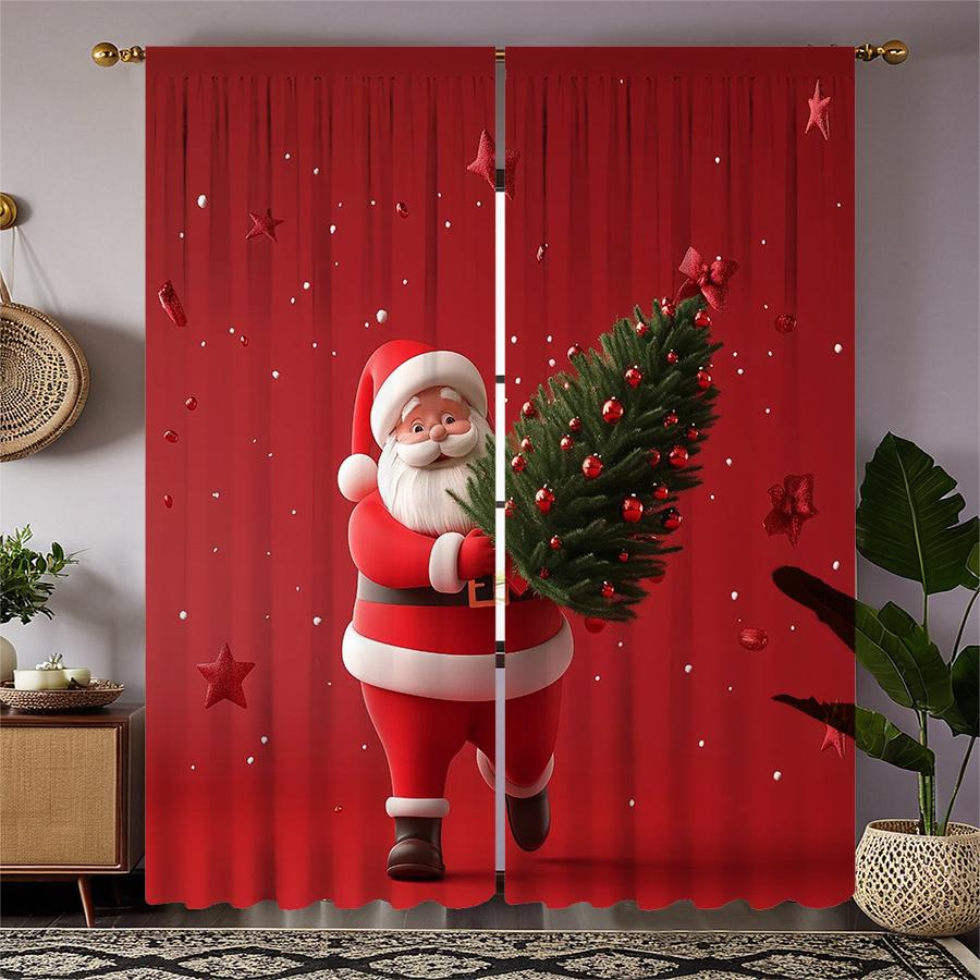 2pcs- Christmas Santa Claus Christmas Tree Pattern Printed Curtains   Christmas Decorations   Home Decorations   Room Decorations