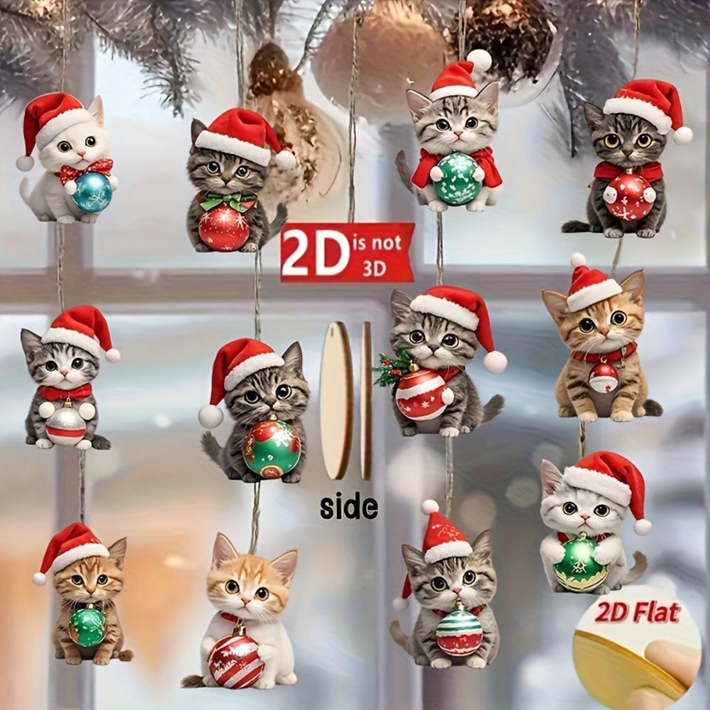 12/24Pcs 2D Christmas Wooden Cat Wall Hanging Hanging Ornament Acrylic Funny Xmas Tree Cat Keychain Key Decoration Gifts