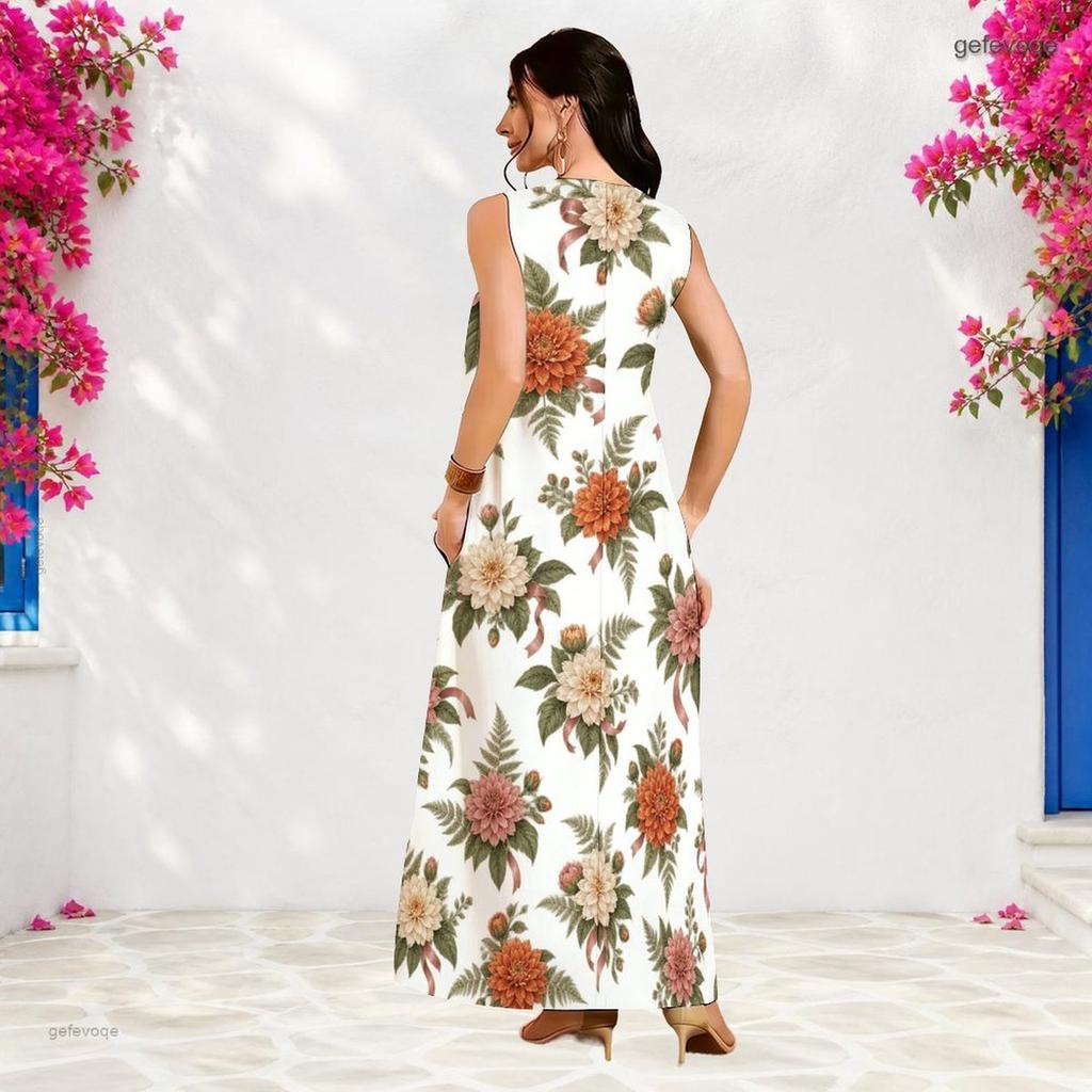 Women Plus Size Notch Neck Sleeveless Floral Printed A Line White Maxi Dress