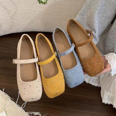 Rivet Suede Square Head Shallow Mouth Single Shoes Female Spring Gentle Fairy Wind French Casual Flat Mary Jane Shoes